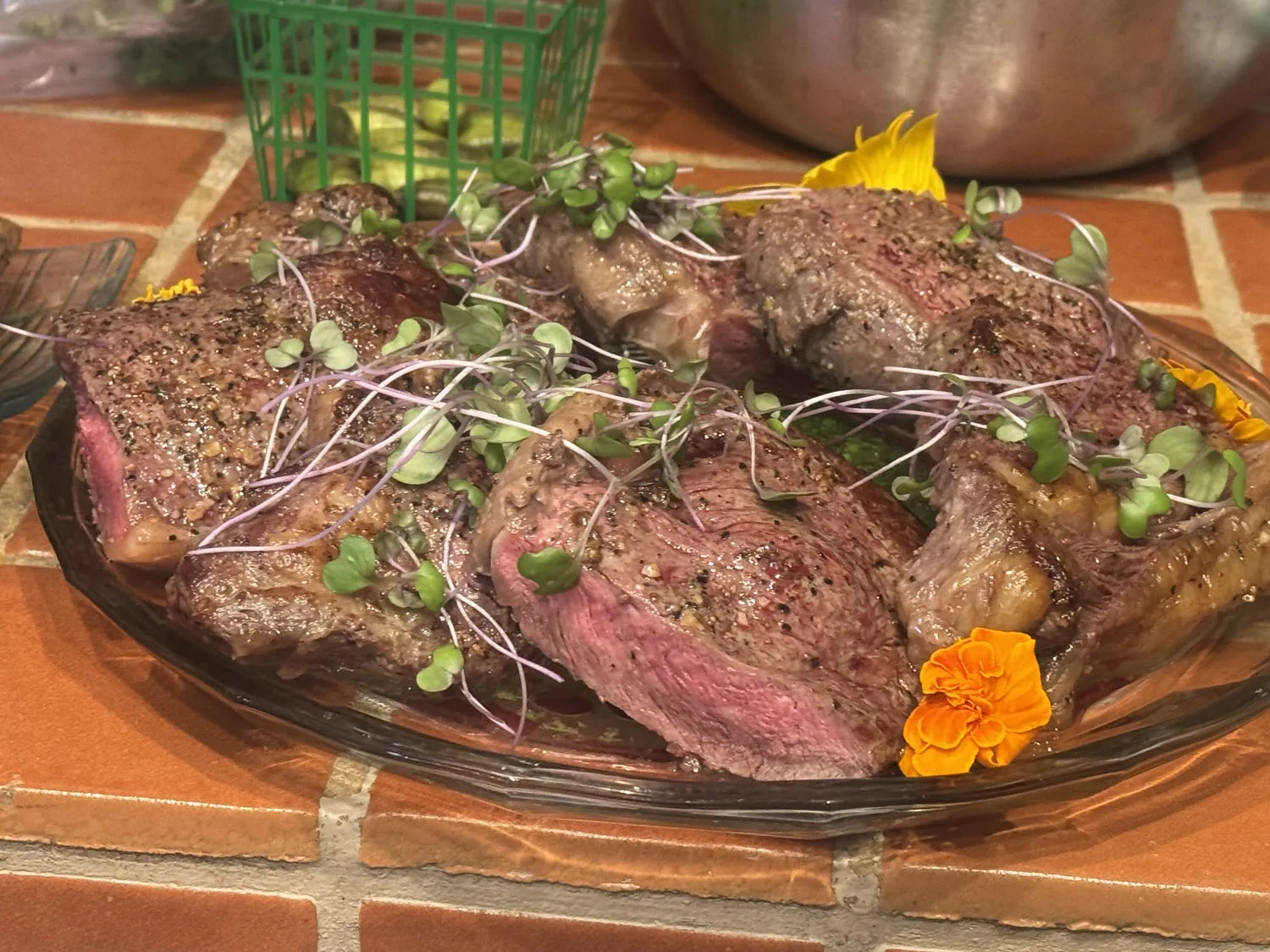 New York strip, sliced for the table
