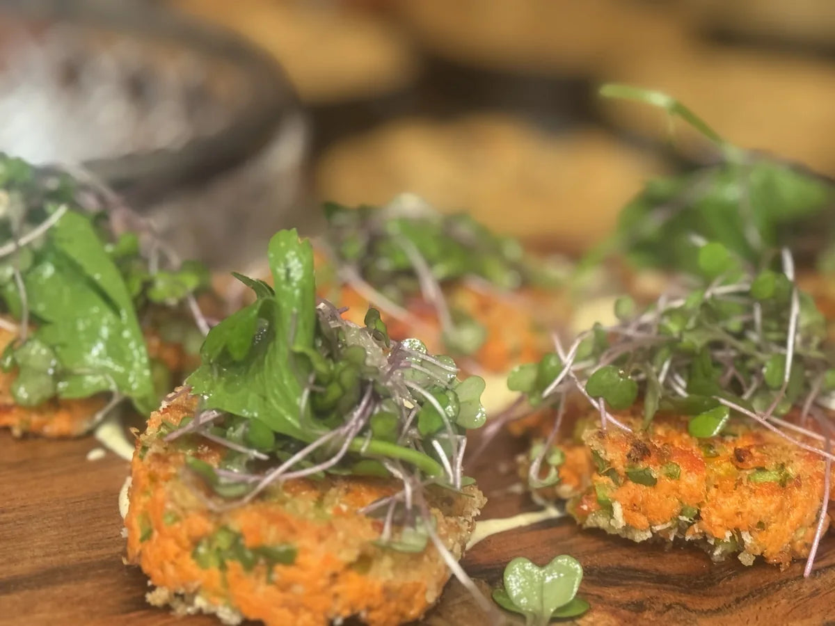 Salmon cakes with microgreens