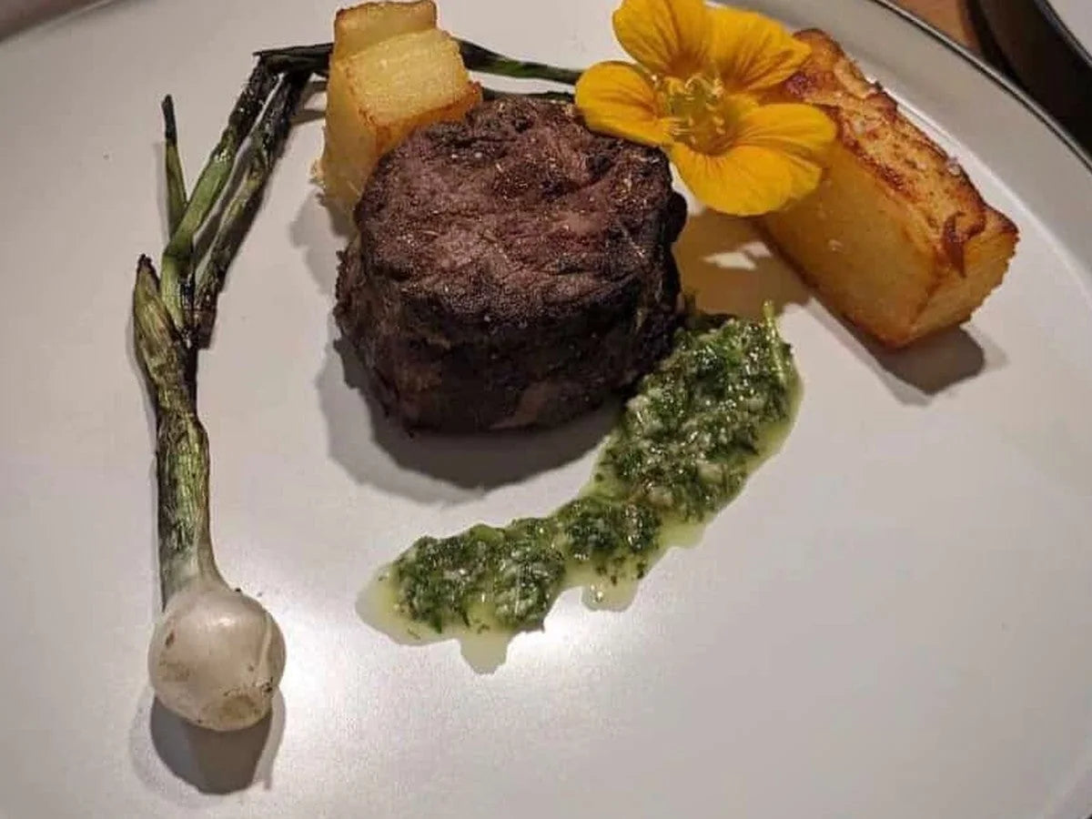 Seared filet with spring onion and chimichurri